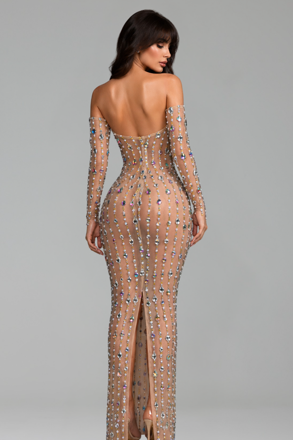 Crystal Strand Off Shoulder Illusion Gown - LAROSABRIDE