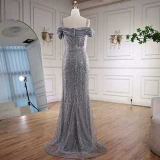 Silver Off-Shoulder Beaded Gown