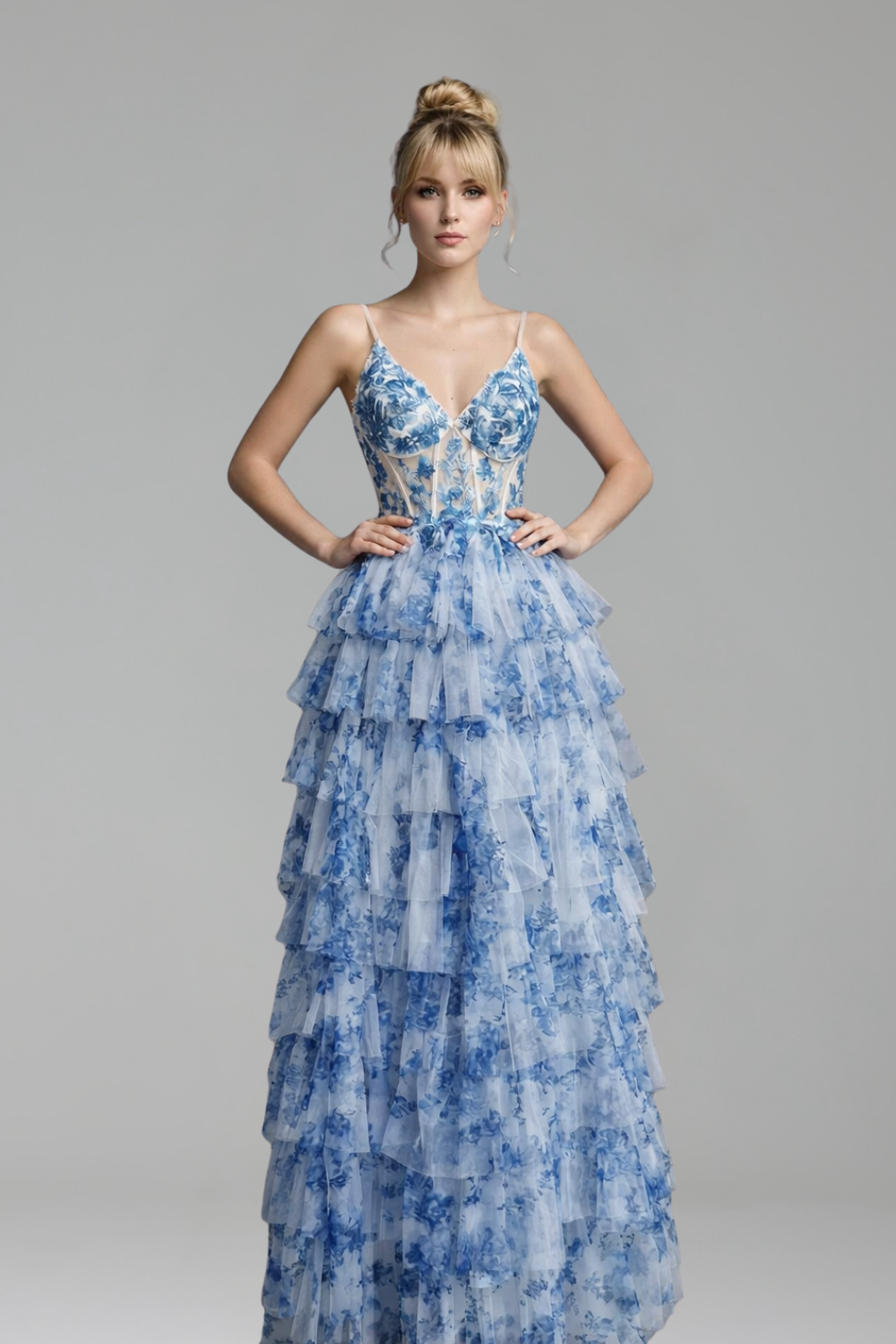 blue print floral Ruffle prom dress - LAROSABRIDE