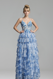 blue print floral Ruffle prom dress - LAROSABRIDE