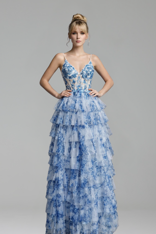 blue print floral Ruffle prom dress - LAROSABRIDE