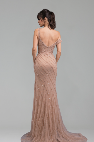 Beaded Mermaid Gown with Side Slit - LAROSABRIDE
