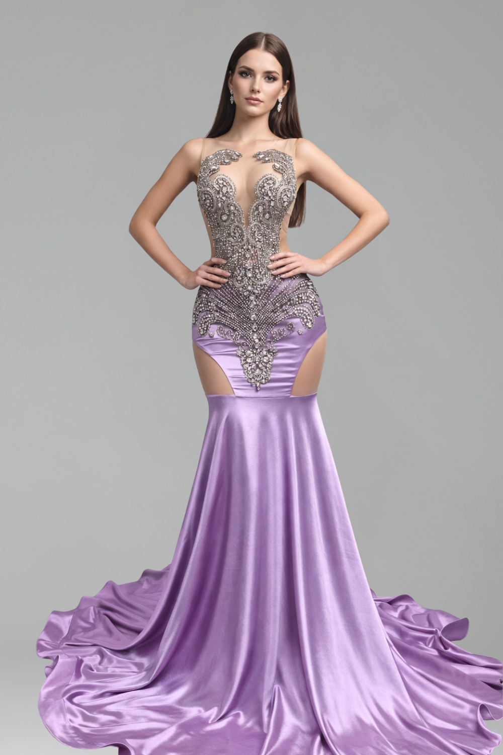 Illusion Cutout Embellished Satin Mermaid Gown - LAROSABRIDE
