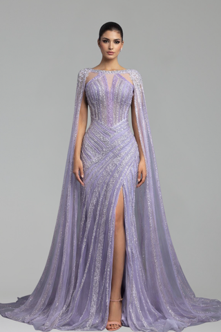 Cape-Sleeve Beaded Split Mermaid Dress