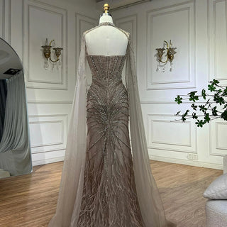 Ships in 2 to 5 Days -Caramel Beaded Feathered Mermaid Evening Dress with Detachable Cape Sleeves – Gown for Formal Occasions