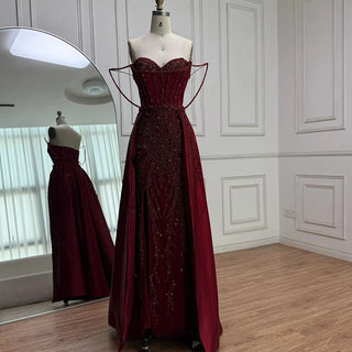 Luxury Red Beaded Spaghetti-Strap Evening Gown with High Slit & Overskirt – Elegant Formal Dress
