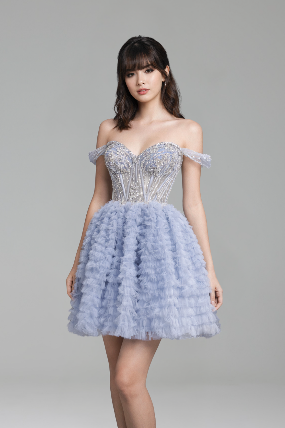 Blue A-Line Off Shoulder Mini Tulle - LAROSABRIDE