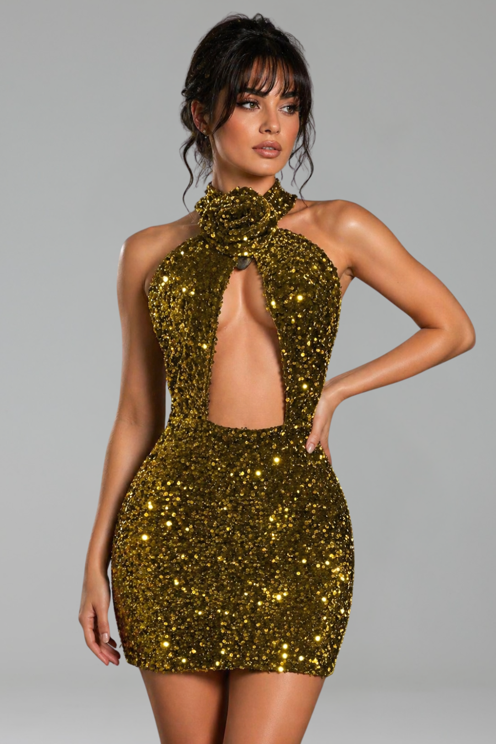 Rose Neck Cutout Sequin Mini Dress - LAROSABRIDE