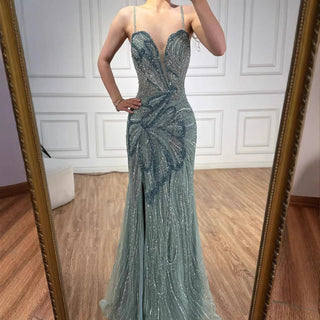 Ships in 2 to 5 Days - Saudi Arabic Spaghetti Strap Mermaid Evening Dress with High Slit for Formal Occasions