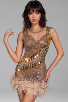 Mirror Embellished Sheer Feather-Hem Mini - LAROSABRIDE