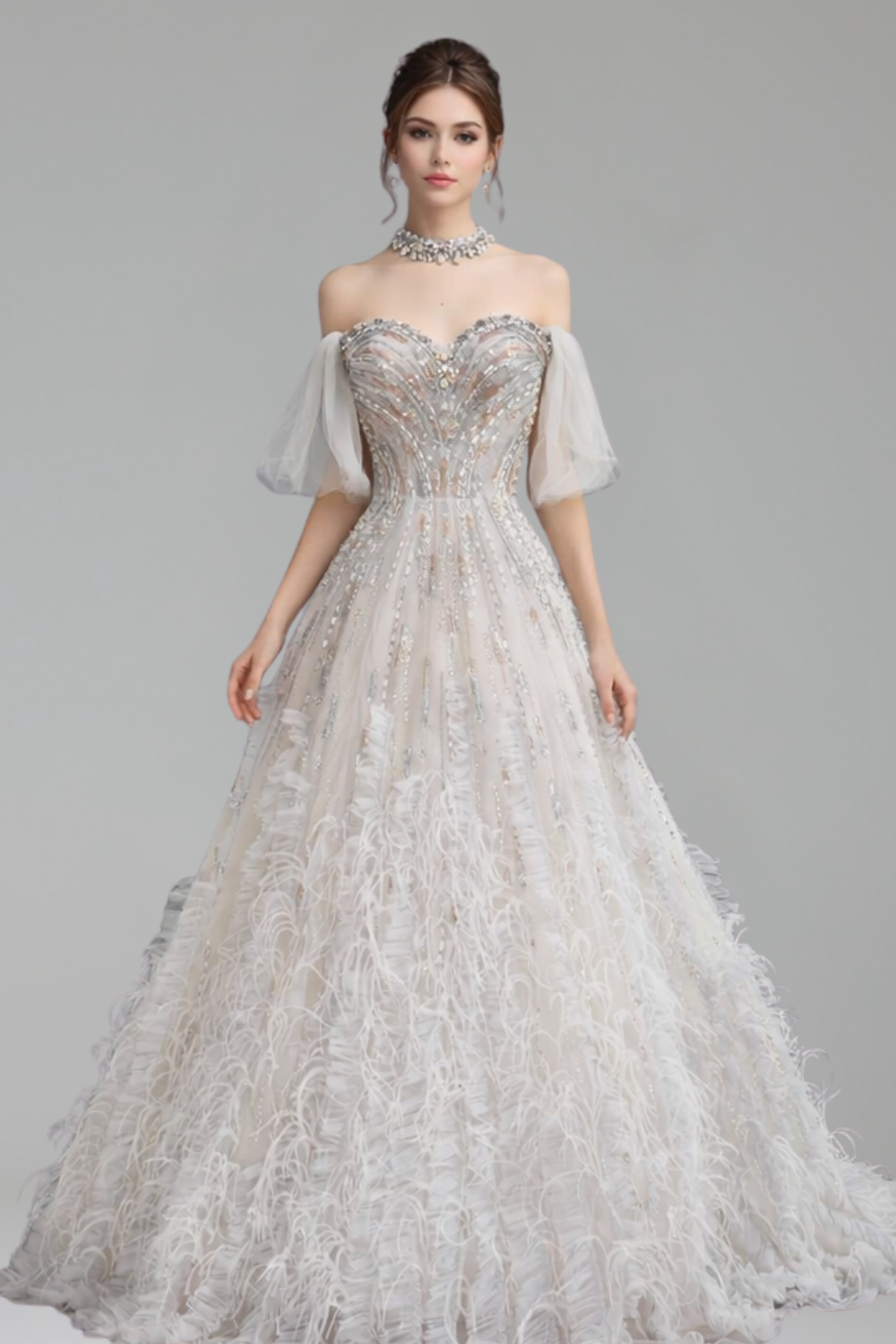 Blue Feather Beaded A Line Dress - LAROSABRIDE
