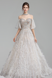 Blue Feather Beaded A Line Dress - LAROSABRIDE