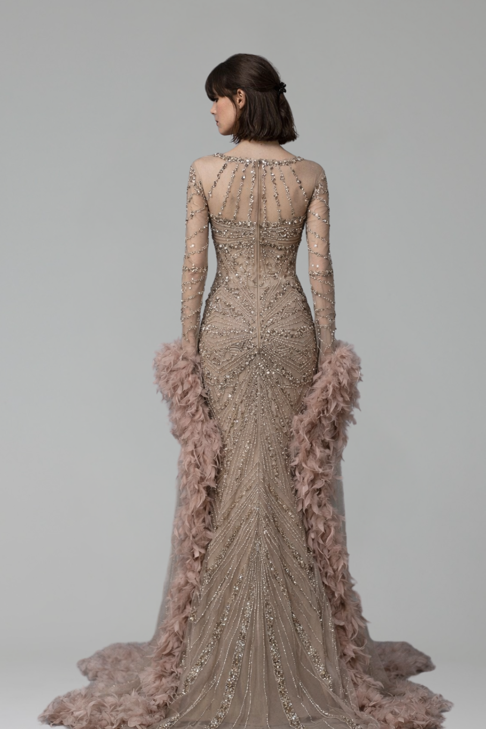 Beaded Mermaid Gown with Feather Cuffs - LAROSABRIDE