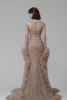 Beaded Mermaid Gown with Feather Cuffs - LAROSABRIDE