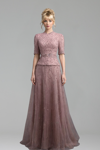 Blush Embellished Peplum Evening Gown - LAROSABRIDE