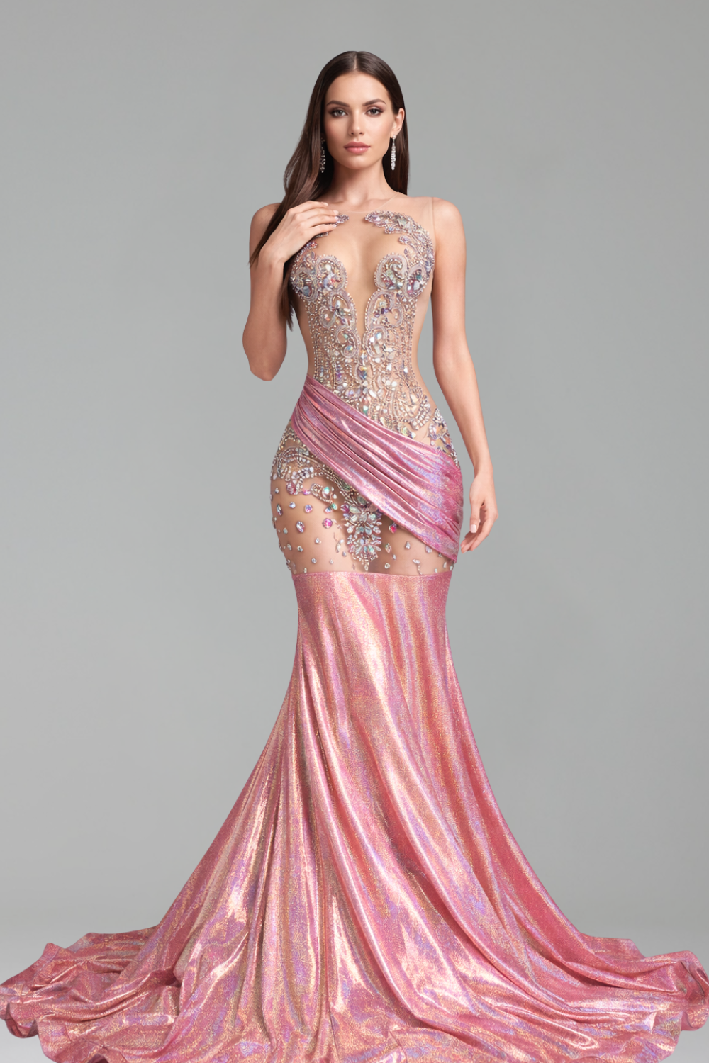 Embellished Illusion Drape Mermaid Gown - LAROSABRIDE