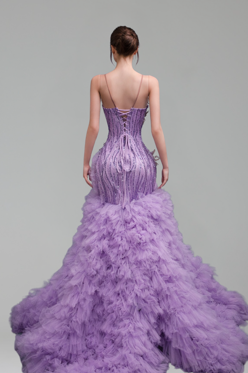 Plunging Corset Ruffle Evening Dress - LAROSABRIDE