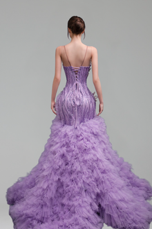 Plunging Corset Ruffle Evening Dress - LAROSABRIDE