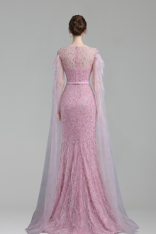Cape-Sleeve Feather Beaded Mermaid Dress-Larosabride