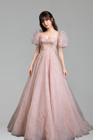 Puff Sleeve Beaded Ballgown - LAROSABRIDE