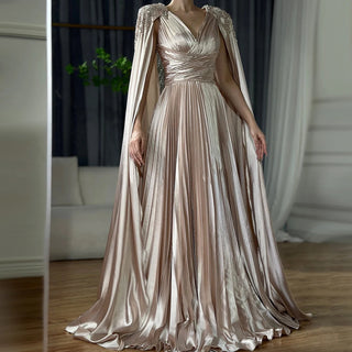 Ships in 2 to 5 Days - 2025 Nude Beaded Satin A-Line Evening Gown with Cape Sleeves - Saudi Arabic Formal Dress