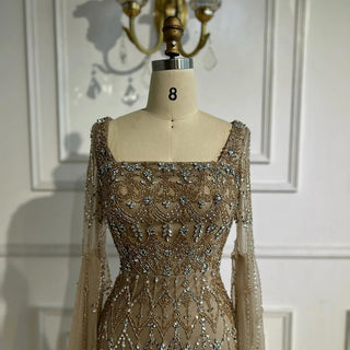 Ships in 2 to 5 Days - Luxury Caramel Saudi-Inspired Evening Dress – Elegant Gown with Long Sleeves and Flowing Cape