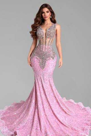 Crystal Spine Pink Mermaid Gown
