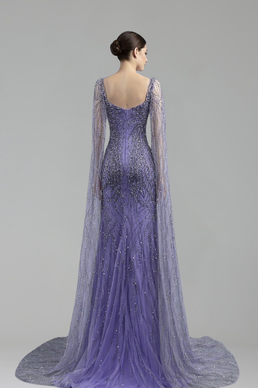 Cape-Sleeve Lace Beaded Mermaid Dress-Larosabride