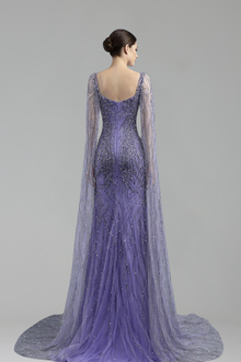 Cape-Sleeve Lace Beaded Mermaid Dress-Larosabride