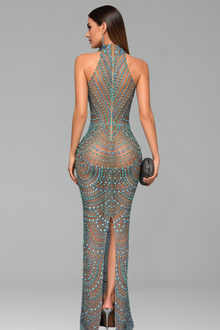 High Neck Beaded Illusion Evening Gown - LAROSABRIDE