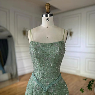 Ships in 2 to 5 Days - 2025 Sage Green Saudi Beaded A-Line Evening Gown with Spaghetti Straps – Customized Elegance