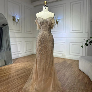 Ships in 2 to 5 Days -2025 Custom Nude Beaded Mermaid Evening Dress – Formal Gown with Feathered Details