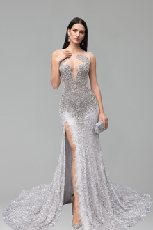 Illusion Embroidered Feathered Slit Gown - LAROSABRIDE