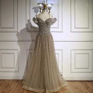 Ships in 2 to 5 Days - Luxury Customized Gray Beaded Arabic Off-Shoulder A-Line Evening Dress – 2025 Collection