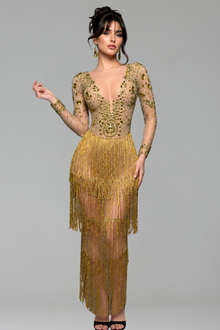 Deep Plunge Crystal Fringe Gown - LAROSABRIDE