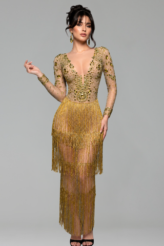 Deep Plunge Crystal Fringe Gown - LAROSABRIDE