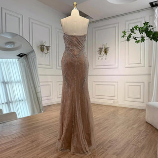Nude Crystal-Swirl Gown with Dramatic Ruffled Sleeves