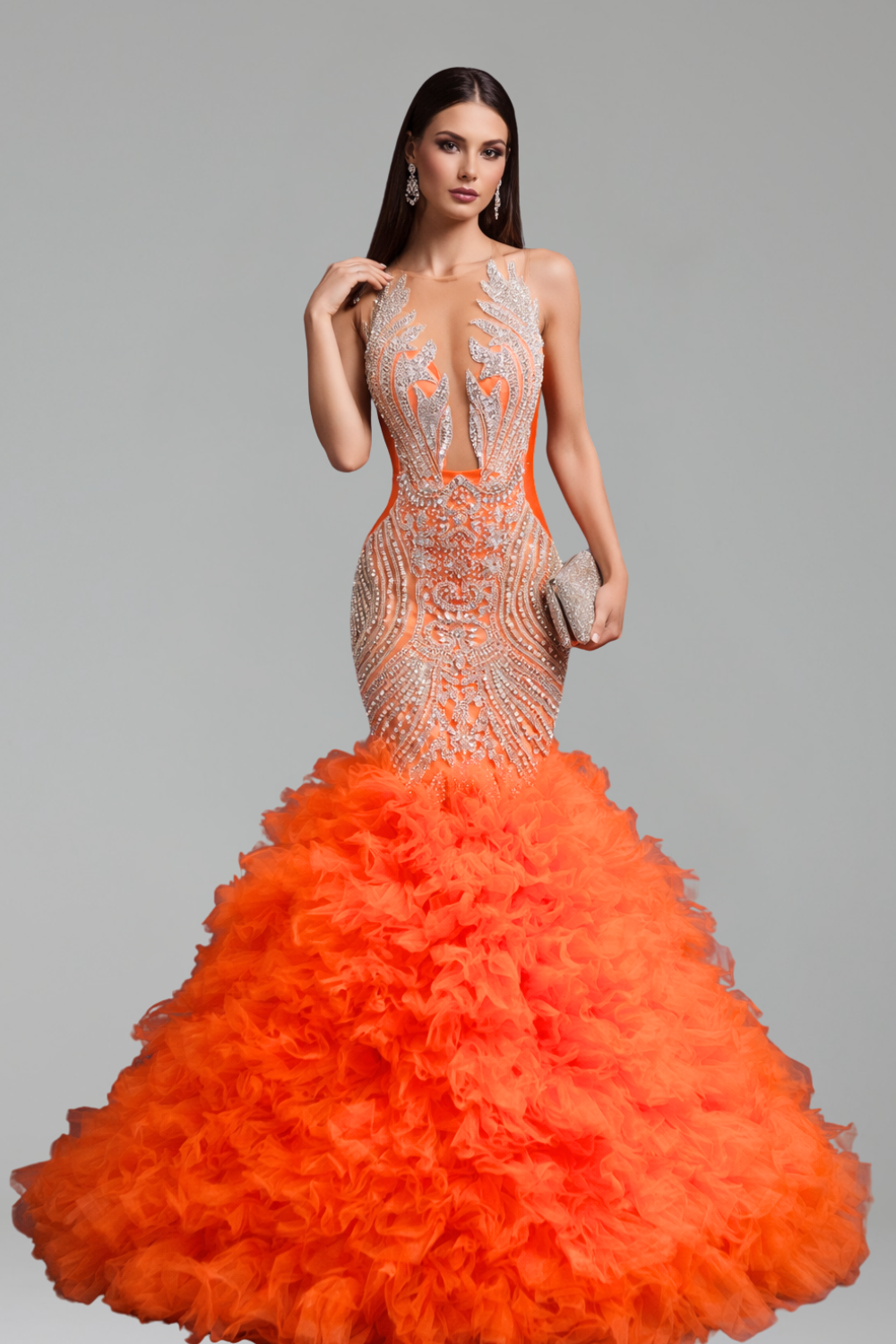 Illusion Beaded Ruffle Mermaid Gown - LAROSABRIDE