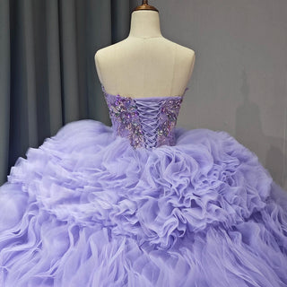 Elegant Purple Ruched Sequins Beaded Puffy Quinceañera Gown