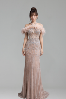 Luxury Halter Feather Crystal Gown - LAROSABRIDE