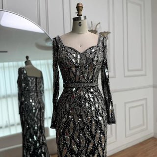 Luxury Black & Silver Sequin‑Embellished Mermaid Evening Gown – Long‑Sleeve 2025 Edition