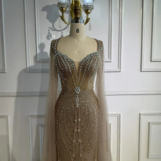 Ships in 2 to 5 Days - Luxury Beige-Pink Beaded Evening Gown – 2025 Formal Dress with Cape Sleeves