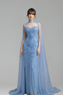 Sequin Beaded Dress with Cape - LAROSABRIDE