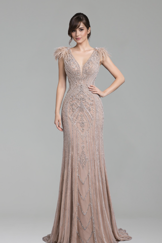 Caramel Beaded Feather Mermaid Dress