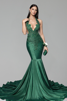 Embellished Halter Deep V Mermaid Gown - LAROSABRIDE