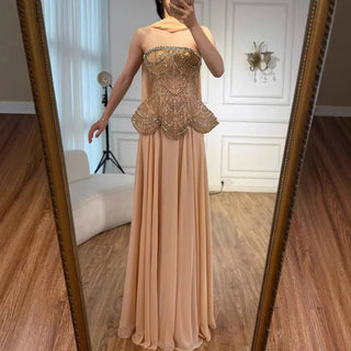 Ships in 2 to 5 Days -Luxury Designer Nude Beaded Chiffon Evening Gown for Women – Elegant Dress for Weddings & Formal Parties