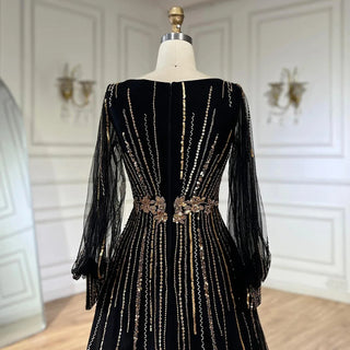 2025 Black Lantern Long Sleeves Evening Dress - Luxury Beaded A-Line Gown for Women’s Parties