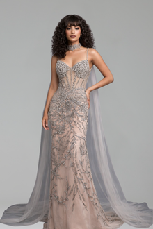 Grey Nude Beaded With Cape Prom - LAROSABRIDE