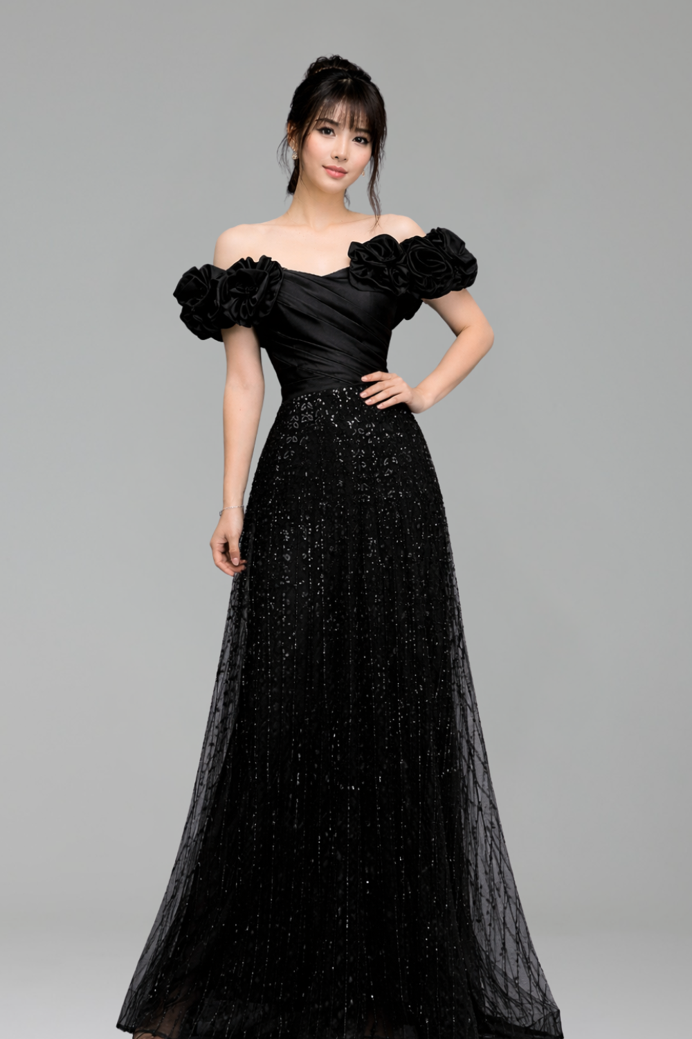Black Off Shoulder With Flower Sleeves - LAROSABRIDE
