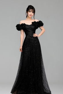 Black Off Shoulder With Flower Sleeves - LAROSABRIDE
